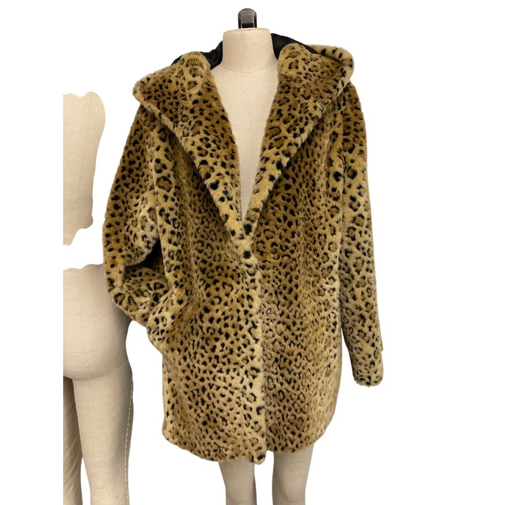 Vintage East 5th Women's Large Leopard Print Faux Fur Coat With Hood